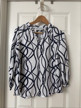 Alex & Parker White Blouse with Navy Chain Dot Print